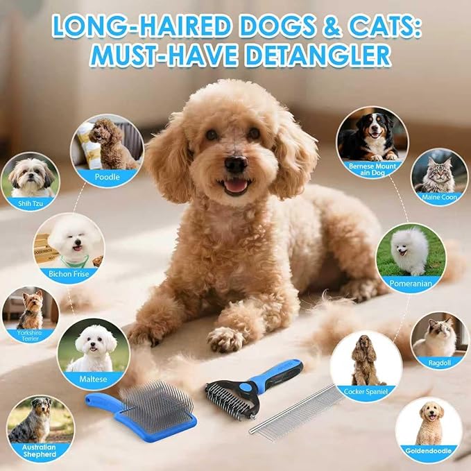 Large Dog Slicker Brush for Goldendoodles, Poodles - 3 in 1 Grooming Kit with Undercoat Rake, Comb - Extra Long Pins for Dematting Great Pyrenees, Thick Coats, Shedding, Detangling, Blue