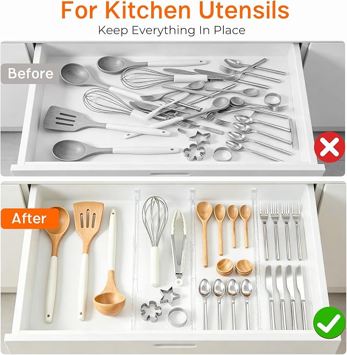 4 Pack 2.36" High Shallow Drawer Dividers, 12.5"-21.3" Expandable | Adjustable Kitchen Drawer Organizer, Clear Plastic Separator for Utensils, Flatware, Cutlery, Socks & Underwear Storage