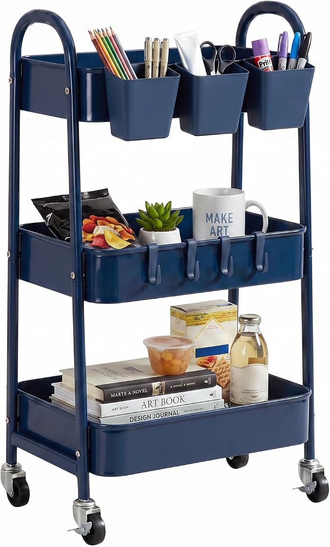 danpinera 3-Tier Rolling Cart, Utility Cart Mobile Metal Rolling Storage Cart with Lockable Wheels & Hanging Cups & Hooks for Kitchen, Bathroom, Office, Workshop, Dark Blue