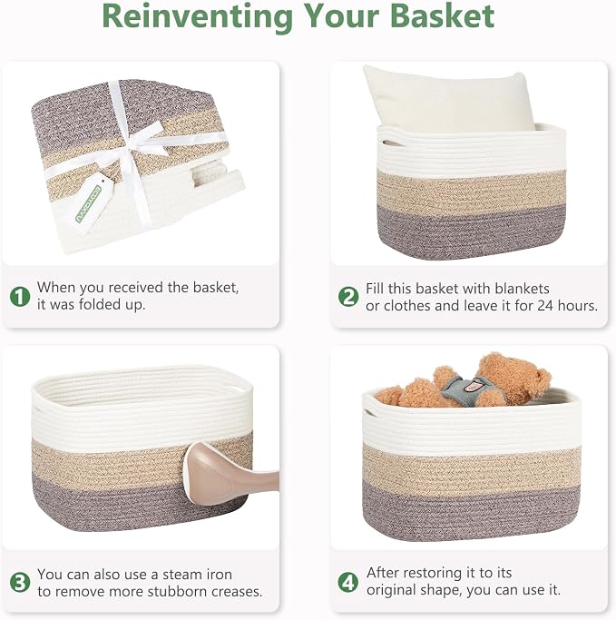 ECDYQXVU 15x10x9 Woven Cotton Rope Storage Basket, Leather Handles 2 Pack | Foldable Design, Sturdy PU Handles, Easy to Clean Organizer for Living Room, Closet, Shelves, Bedroom, Laundry, Clothes