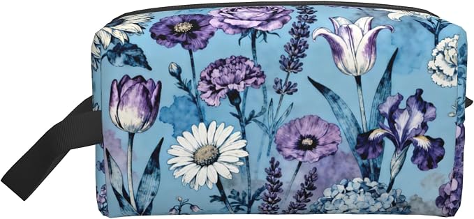 Blue and Purple Watercolor Floral Makeup Bag - Durable 600D Oxford Fabric Travel Cosmetic Bag, Shockproof Foam Padded Toiletry Organizer for Gym & Daily Use 10x6.2x4.9 Inch
