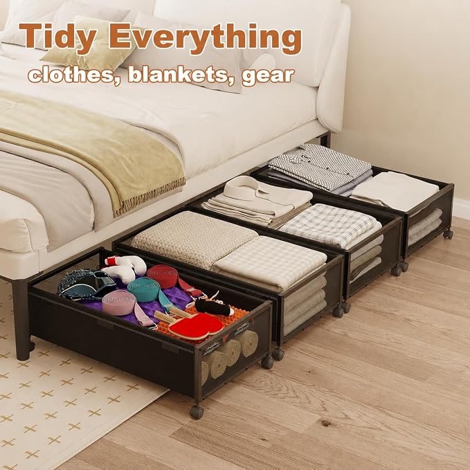 Fokyfok 2Pack Under Bed Storage Containers, 10 inch Height,31 inch Long | Under Bed Shoe Storage,Underbed Storage with Wheels,Large Rolling under bed Clothes Storage Drawers,Lid,Dorm Tall,Black