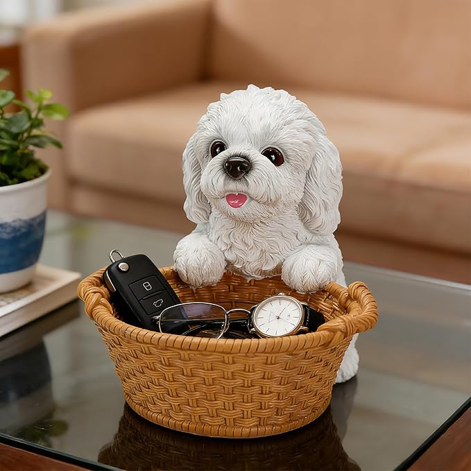 White Poodle Candy Bowl, Resin Dog Figurine Key Bowl for Entryway Table, Desktop Storage Basket Organizer for Desk, Unique Dog Lover Gift