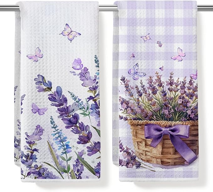 Lavender Purple Flower Kitchen Towels, Quick Dry Multipurpose Waffle Weave Hand Towels for Bathroom, Absorbent Reusable Cloth Tea Dish Towels for Home Decor, Lavender Lover Gift Towel Set of 2