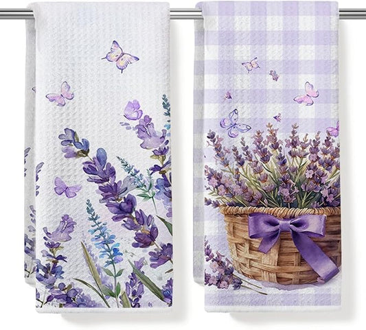 Lavender Purple Flower Kitchen Towels, Quick Dry Multipurpose Waffle Weave Hand Towels for Bathroom, Absorbent Reusable Cloth Tea Dish Towels for Home Decor, Lavender Lover Gift Towel Set of 2