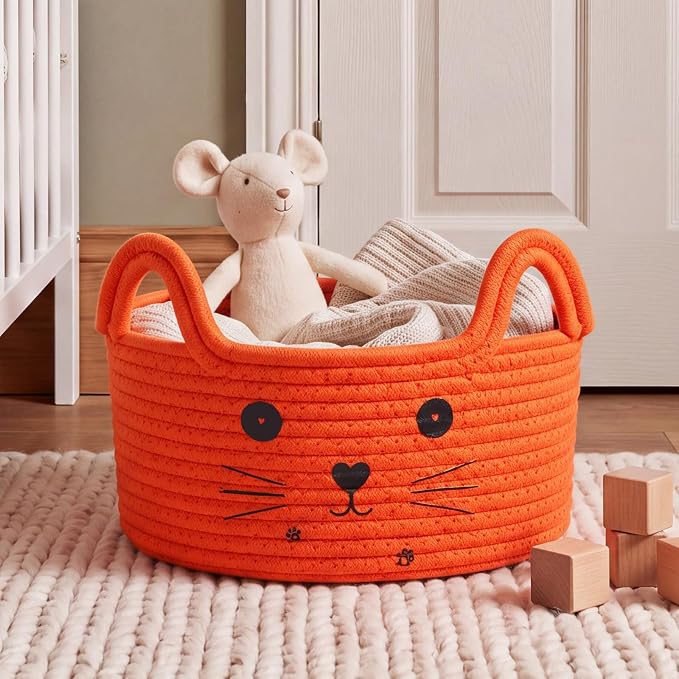 Zopeal Cat Storage Basket Woven Organizer with Ears Decorative Gift Cute Cotton Rope Pet Toy Basket for Gift Cat Dog Toy Bin Nursery Room(8.3 x 4.7 Inch,Orange) | Cute Cotton Rope Organizer with Handles for Toy Box, Nursery Decor, Decorative Bin, Pet S...