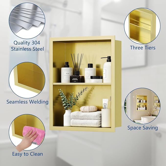 Qeke 14x 18 Medicine Cabinet Recessed with Double Shelves, Brushed Golden | 304 Stainless Steel Medicine Cabinet without Mirror, No Tile Needed Wall Niche for Bathroom Storage, Space Saving & Durable
