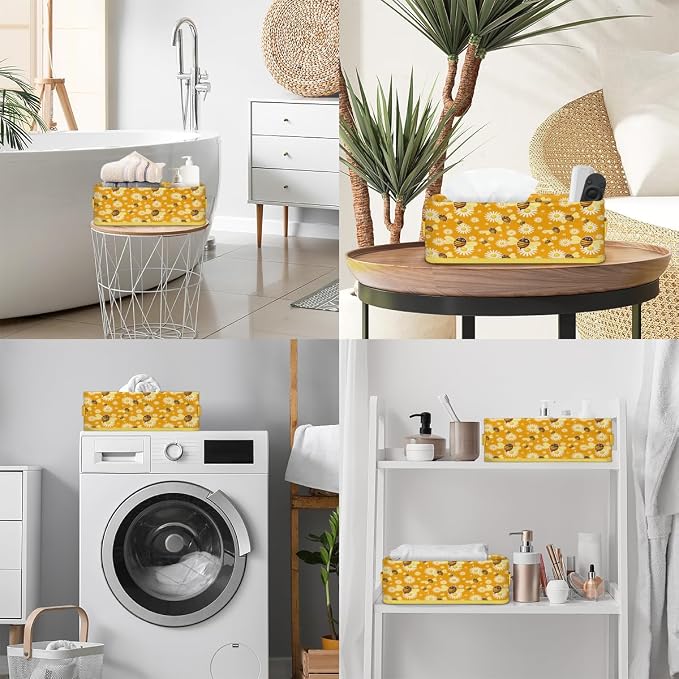 Bee Daisy Cartoon Bathroom Storage Basket, Foldable with Handle Open Countertop Paper Towel Decorative Box, Toilet Tank Top Shelf Baskets for Home Closet Bedroom Living Room Office