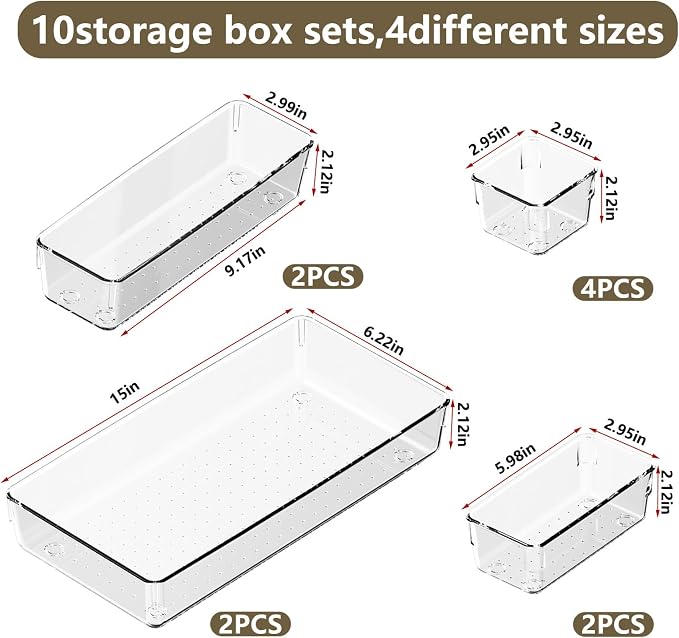 Clear Plastic Drawer Organizer Set with 15 Inch Extra Long Bins, 4 Sizes Large Acrylic Organizers for Kitchen Utensils, Bathroom Trays and Makeup Storage