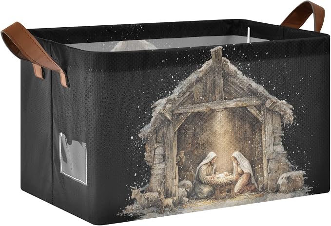 Black Christmas Nativity Scene Storage Basket Foldable Cube Storage Bins with Handles&Label Waterproof Organizer Box Bin Large Rectangle Decorative Baskets for Shelves Home Room Laundry Indoor