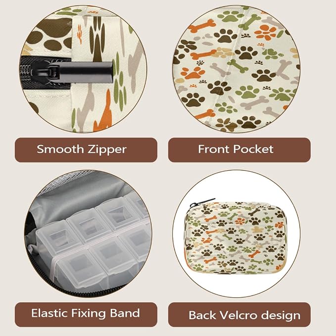Weekly Pill Organizer Travel Size Bag with Removable 7 Day Pill Box Portable Vitamin Case Purse with Zipper,Beige Camo Pet Paws Bones