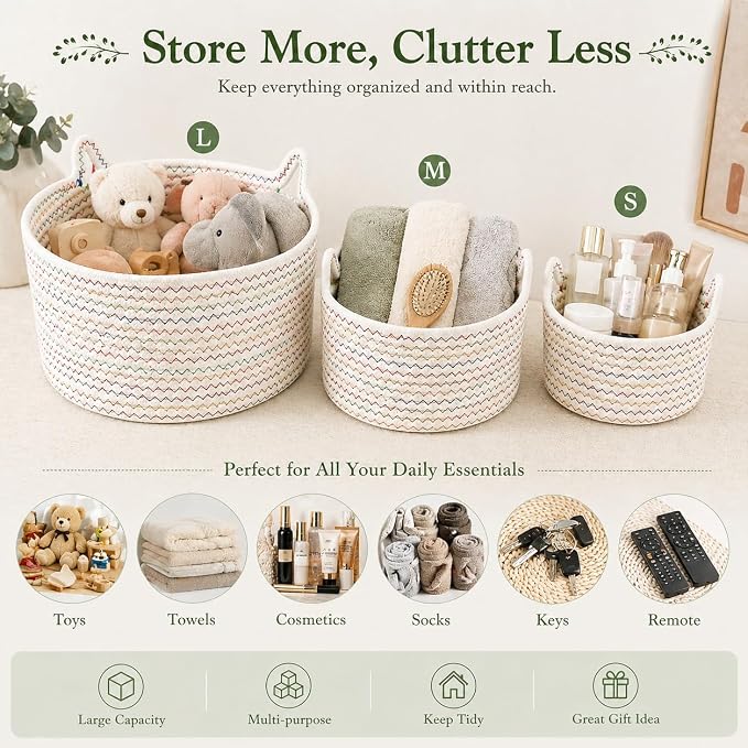 Small Woven Baskets | Mini Storage Bins | Cotton Rope Baby Nursery Organizers | Cute Round Cat Ears Basket for Organizing Desk Decor Kids Toy Dog Cat Baby Girls Gift-Set of 3 (White mixed Colors)