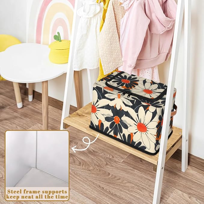 Orange Flowers Storage Bins With Zipper Lid, Collapsible Trunk Organizer, Car Organizers and Storage Bins with Lids, Decorative Storage Boxes with Handle, Home Storage Baskets for Organizing