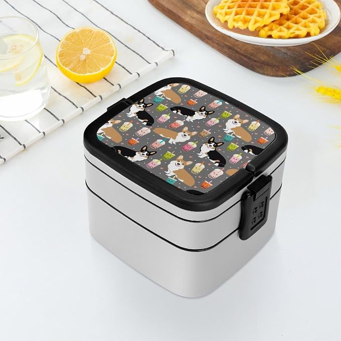 Cute Corgi Pet and Milk Tea Double Layer Bento Box, 1000ml Stackable Leakproof Lunch Container with Spoon, Portable 2-Tier Food Storage Box for Office Work Picnic Camping and Travel