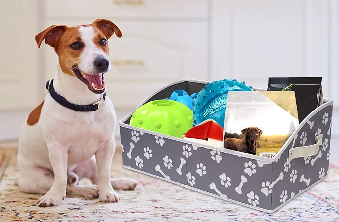 Linen-cotton Blend Dog Toy Organizer Basket - Storage for blankets, leashes, rope toys, clothing - Bone claw pattern