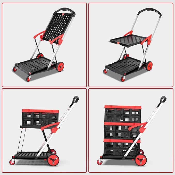 TOLRET Shopping Cart with Wheels, 200 lbs Capacity Grocery Cart on Wheels | Collapsible Shopping Cart with Storage Crate, Platform Hand Truck with Foot Brake, Red