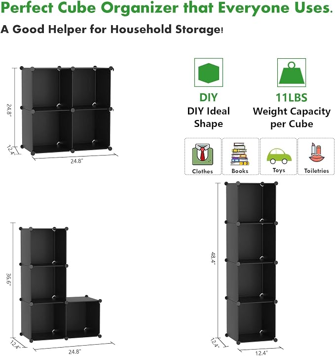 C&AHOME Plastic Cube Storage Organizer, 4-Cube Shelves Units, Black | DIY Modular Bookshelf, Portable Closet Organizers and Storage Ideal for Bedroom, Office, 24.8" L x 12.4" W x 24.8" H