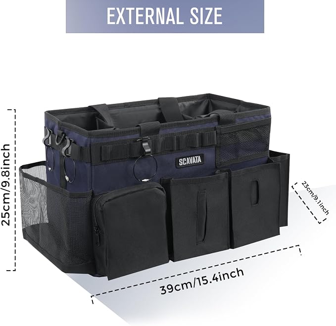 SCAVATA Wearable Cleaning Caddy Bag, Cleaning Caddy Supplies Organizer with Handle & Shoulder Straps for Housekeepers, Under Sink & Car Cleaning Tool Organizers with 4 Foldable Divider Navy (DarkBlue)