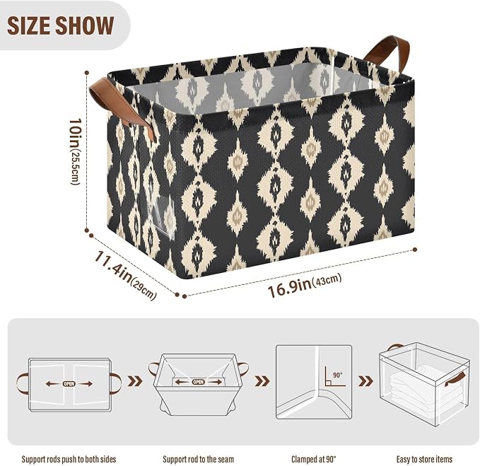 Ikat Black and Beige Abstract Storage Bins for Shelves with Labels&Handles Fabric Organizer Bin Foldable Rectangle Storage Basket Boxes for Closet, Bathroom, Home, Living Room