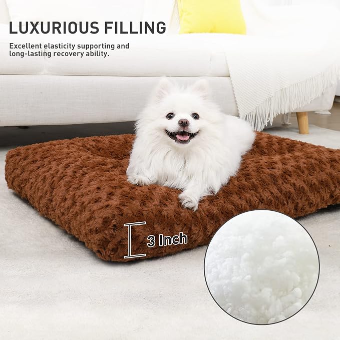 KSIIA Washable Dog Bed Small Dog Crate Bed Deluxe Plush Mat 23"x18" Brown | Deluxe Plush Comfy Kennel Pad, Anti-Slip Bottom,Deep Sleeping Mat for Small Dogs,Machine Washable for Easy Cleaning