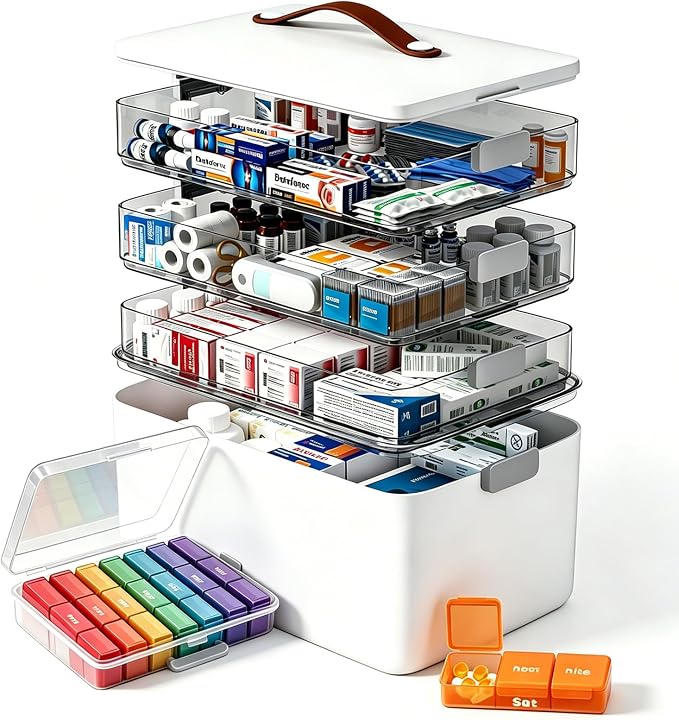 funest 4- Tier Medicine Storage Box Organizer Portable First Aid kit Box Sewing, Art, Craft with Handle, Multipurpose Medical Supply Organizer with Removable Tray 4-Tier Medicine Organizer Set