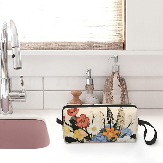 Vintage Botanical Garden Floral Makeup Bag for Women Wrist Strap | Durable 600D Oxford Fabric Cosmetic Organizer,Compact Travel Pouch with Handle for Gym & Daily Use