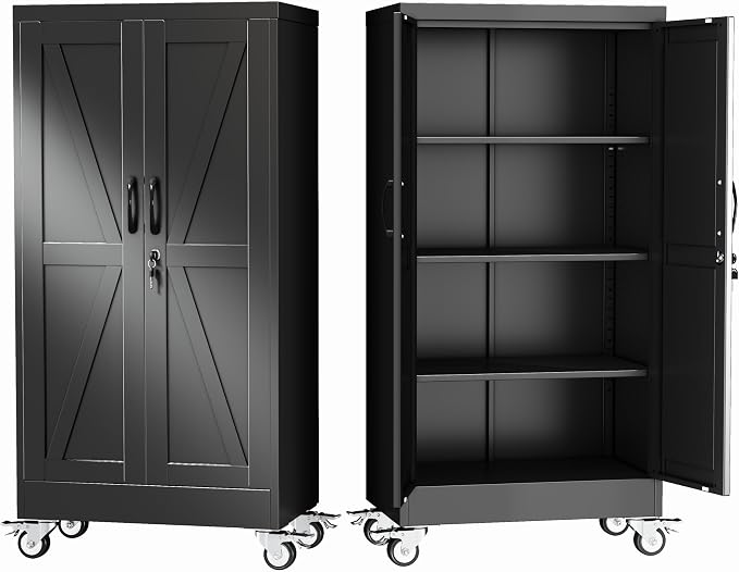 GAIOUS 61" Tall Metal Storage Cabinet with Lock and Wheels, File Cabinet | for Home Office, Garage Storage Cabinets with 2 Door and 3 Adjustable Shelves, Rolling Tool Cabinet, Utility Cabinet, Black