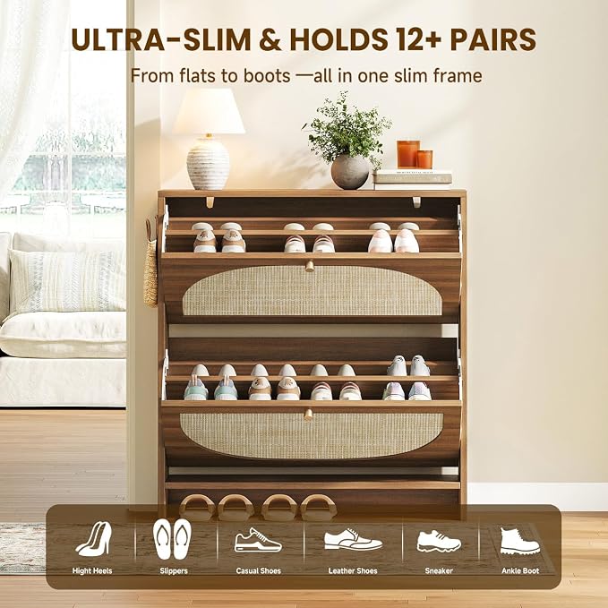 Rattan Arched Accent Shoe Storage Cabinet - Freestanding Ultra Slim for Entryway, 2 Flip Drawers & 3-Tier Adjustable Shelves, Farmhouse Modern Rustic Shoe Rack for Hallway, Foyer, Living Room