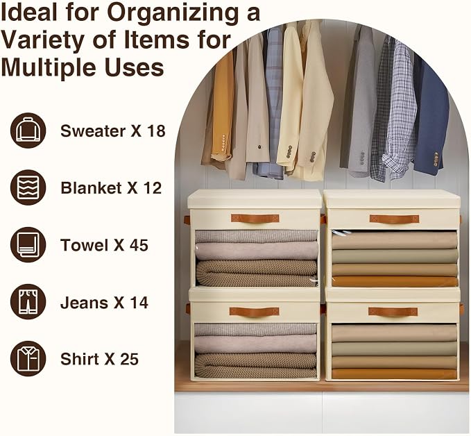 Large Storage Bins with Lids - 4 Pack Foldable Decorative Organizers with Clear Windows & Handles, Cube Storage Organizers for Clothes, Blankets, Sweaters, Sheets, Beige