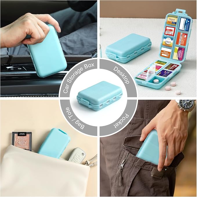 14 Grids Travel Pill Organizer Box with 415-Pcs Medicine Name Labels - Pocket Daily Pharmacy Case Container Kit - Travel Medication Holder Dispenser for Fish Oil Vitamin Supplement Storage - Sky Blue
