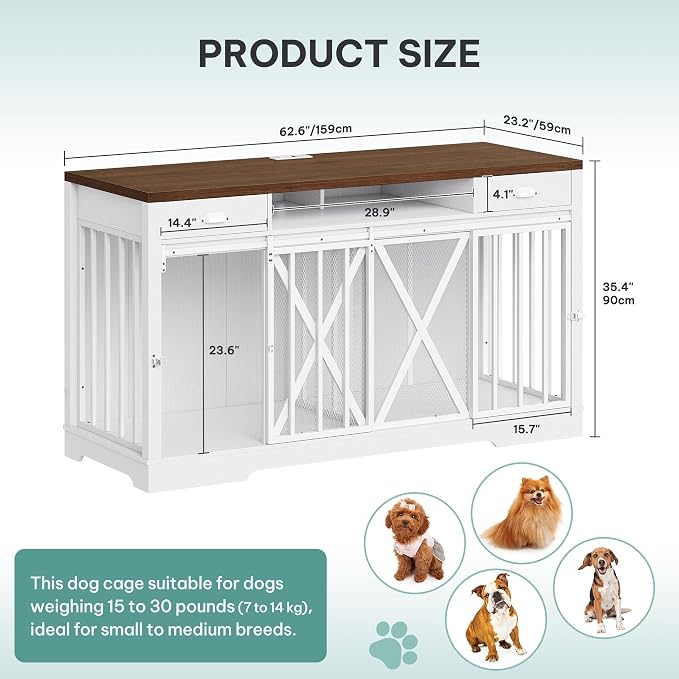 YITAHOME 63" Double Dog Crate TV Stand with Charging Station for 2 Dogs | Heavy Duty Wooden Dog Crate, Dog Kennel Indoor Furniture Double Sliding Barn Door Design Ideal for 2 Dogs, White