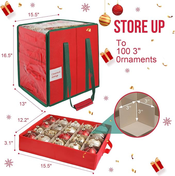 Christmas Ornament Storage Box,5 Tier Holds Up to 100-3” Holiday Décor | Xmas Ornament Organizer Container,Adjustable Dividers,Organizer Bin to Protect and Store Holiday Décor , 600D Oxford Fabric