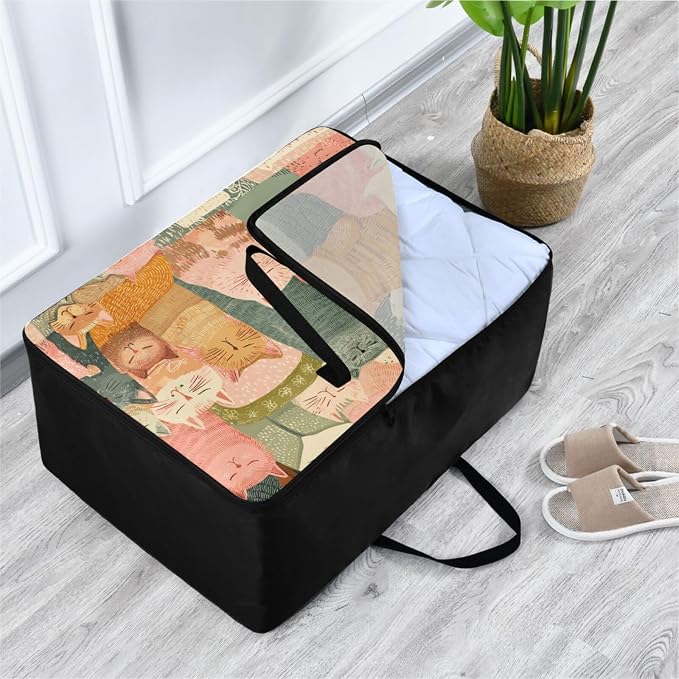 Comforter Storage Bags Large Folding Blanket Organizer Bag with Strong Handles Clear Window Closet Storage Containers for Clothes King Queen Pillows Bedding Quilt Duvet Orange Pink Cat