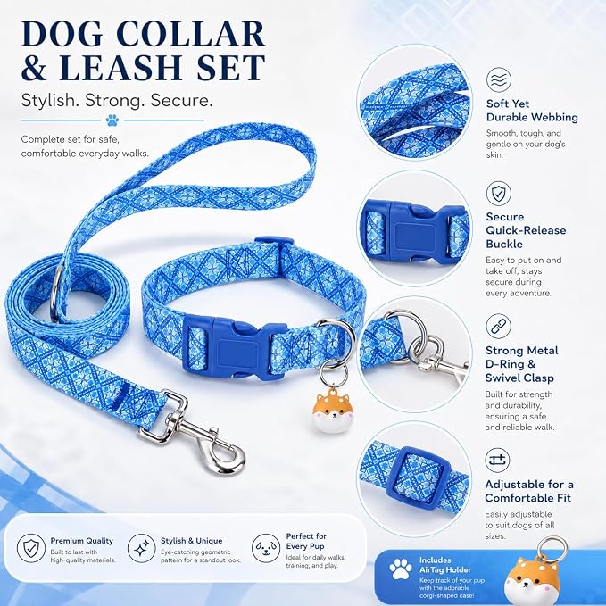 Matching Dog Collar and Leash Set with AirTag Holder-Blue Geometry/M | Anti-Lost,Adjustable Durable Pet Collar Leash Combo for Medium Boy Girl Dogs,for Outdoor Walking Hiking Training Running