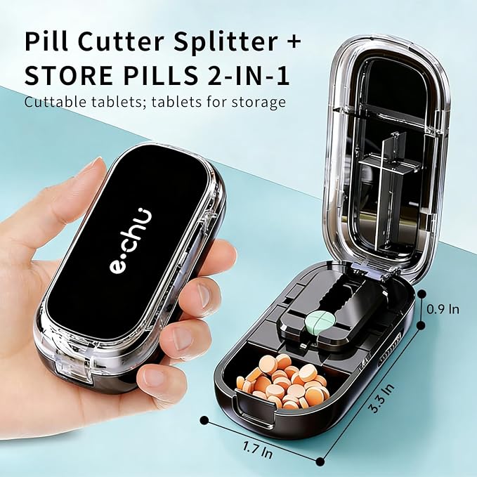 Pill Cutter Splitter for Small and Tiny Pills - Daily Pill Organizer with Professional Adjustable Cutter Splitter for Cutting Multiple Pills, Pill Case for Travel Purse Pocket (Black)