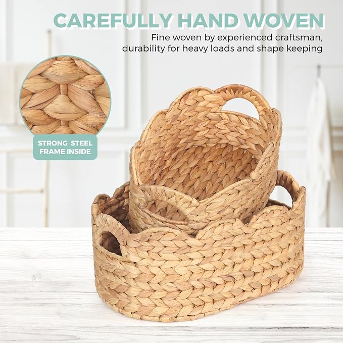 Scalloped Baskets (Natural-Set of 2), Storage Basket, Water Hyacinth Basket for Organizing and Decor, Hand-Woven Hyacinth Baskets with Built-In Handles for Living Room, Bedroom, Laundry, Pet toy,Food.