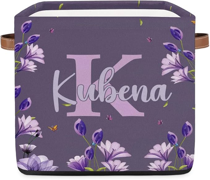Personalized Name-Initial Purple Flower Storage Baskets for Women Girls, Custom Portable Square Storage Bins with Handles Foldable Organizer for Clothes, Toys, Blanket, Towel,Pet 13”