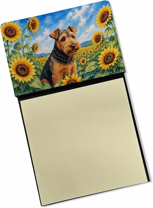 Caroline's Treasures Welsh Terrier in Sunflowers Watercolor Sticky Note Holder Refillable Dispenser Desk Accessory 3x3 Pad Gift