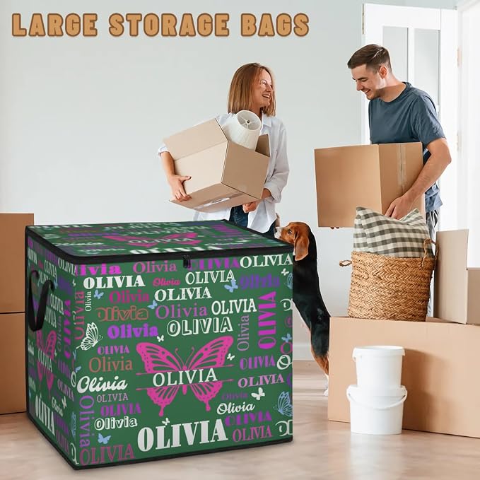 Custom Extra Large Storage Baskets Named with Lid, Personalized Storage Bins Basket Boxes Handles for Clothes Blanket Bedroom Closet Organizing Toys Shelves, Deep Forest Green with Butterflies
