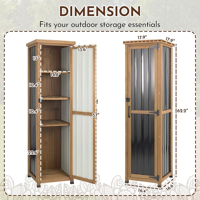 Ketive 62" Tall Narrow Storage Cabinet Wood & Metal, Garden Slim Cabinet Freestanding with Adjustable Shelves for Small Spaces,Kitchen,Tool Organizer,Cleaning Supplies,Towel Storage