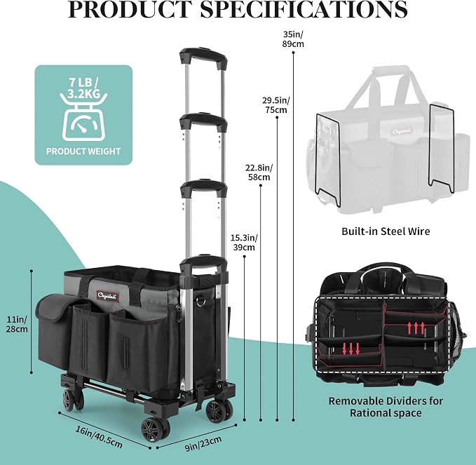 Chyaidach Rolling Cleaning Caddy, Cleaning Supplies Organizer with Trolley, Wearable Cleaning Tote Bag on Wheels with Hard Bottom, Cleaning Carts for Housekeepers/Home/Car/Office/Picnic (Grey)
