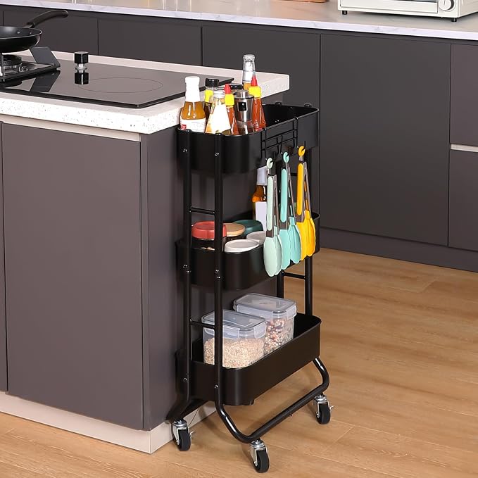 MAX Houser Slim 3-Tier Rolling Utility Cart with Extra Hook, Black | Narrow Metal Bathroom Storage Multifunctional Organizer Carts with Wheels with Extra Hook, Laundry Room,Kitchen,Small Space