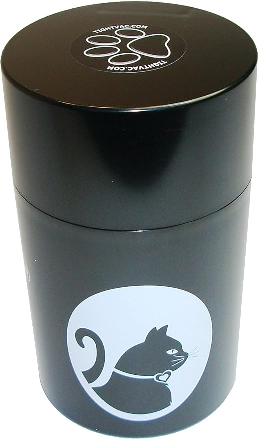 Tightpac Pawvac 1 to 6 Ounces Container, Airtight Pet Food and Treats Storage Jar - Patented Vacuum Seal Container for Pet Food, Treats and other Dry Goods - Black with Cats