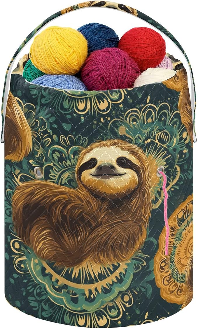 Fustylead Retro Cute Sloths on Green Mandala Background Knitting Yarn Storage Tote Basket, Durable Polyester Large Crochet Drawstring Bag for Crocheting Project, Sewing Supplies, Needles