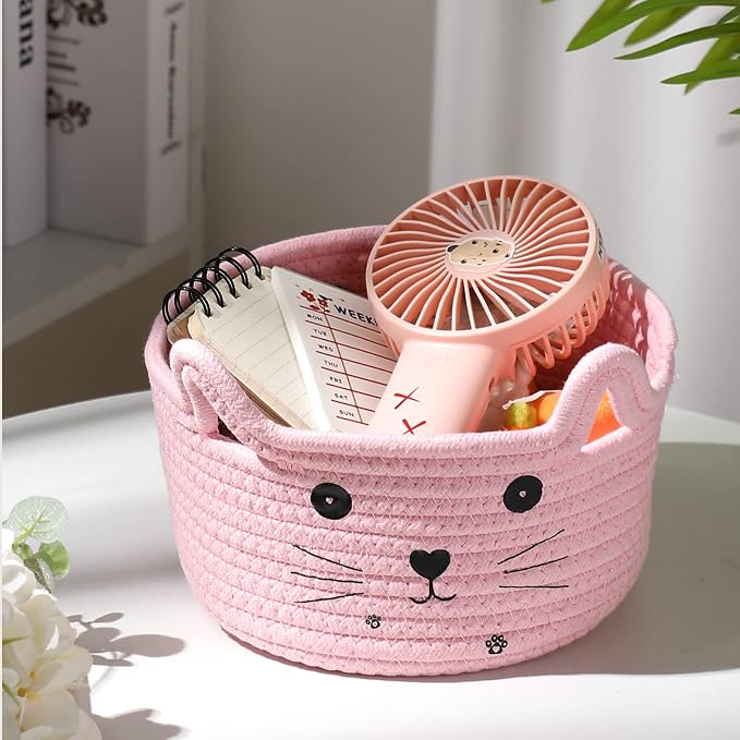 Zopeal Cat Storage Basket Woven Organizer with Ears Decorative Gift Cute Cotton Rope Pet Toy Basket for Gift Cat Dog Toy Bin Nursery Room(8.3 x 4.7 Inch,Pink)