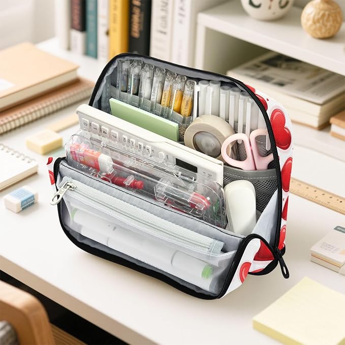 Aslsiy Large Capacity Pencil Case Glossy Heart Happy Valentine Day-1 Pencil Pouch for Boys Girls Portable Pen Bag Organizer Standing Makeup Bag for School Office Supplies