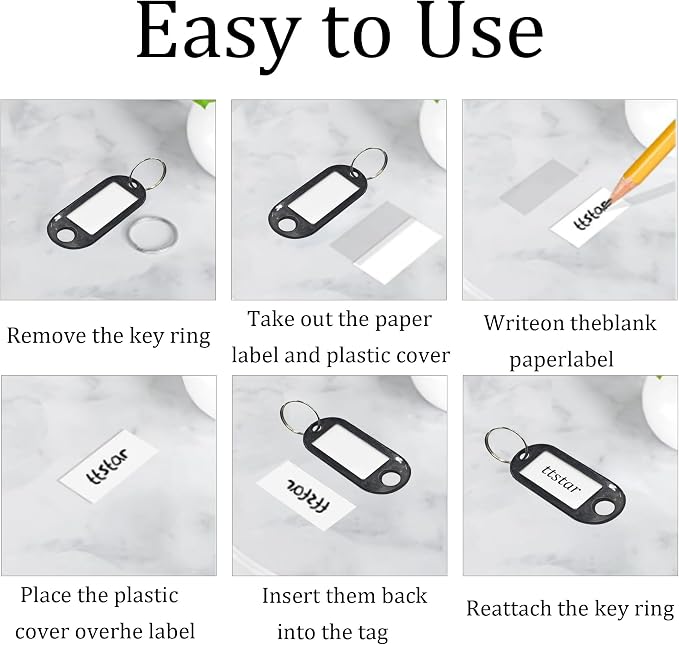 40Pcs Plastic Key Tags with Split Rings, Writable Label Window, Office, Luggage, Name & Number Organization, Key Label Holders(Black)