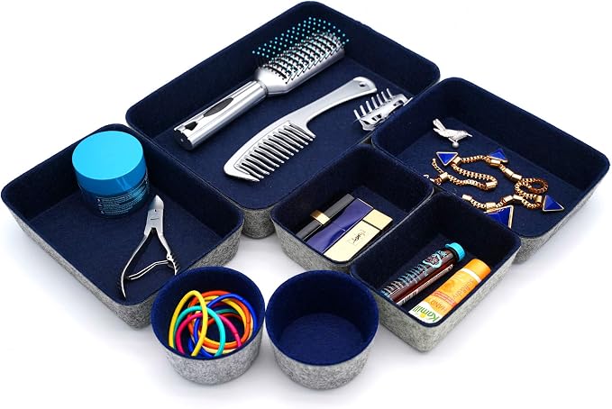 Welaxy 7 Piece Felt Desk Drawer Organizer Storage Bin Navy Catchall Tray