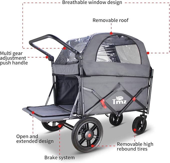 TMZ Collapsible Wagon Cart, Folding Utility Wagon with Breathable Fabric, Canopy, Expandable Storage, Adjustable Handle, Brake, Heavy Duty Cart for Walking & Camping (Grey)