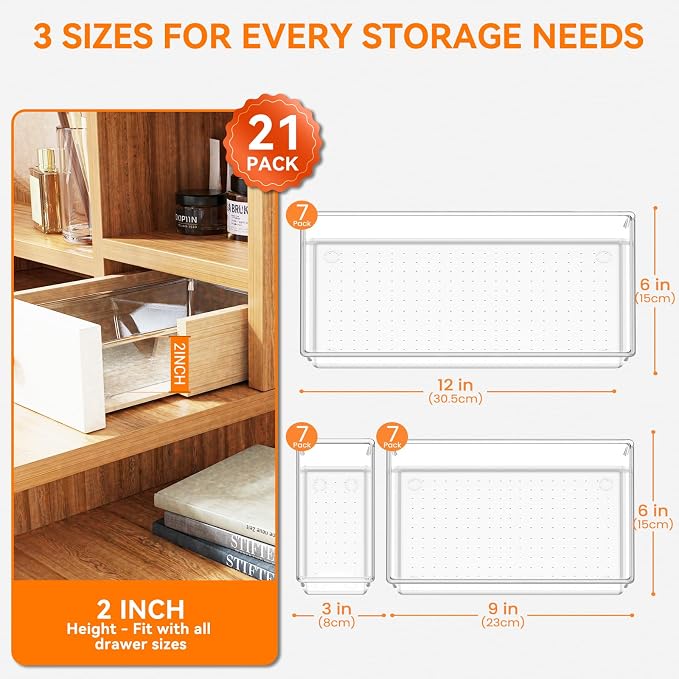 21 Pack Large Clear Plastic Drawer Organizer Trays | BPA-Free Acrylic Organizer Bins for Large Kitchen Utensils, Bathroom, Makeup, Jewelries, Office Desk, School Supplies, Perfume
